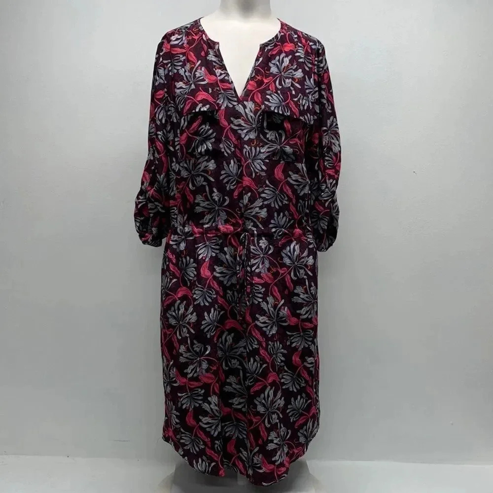 Rebecca Taylor Midi Dress Pure Silk Drawstring Waist Pockets Floral Maroon 4